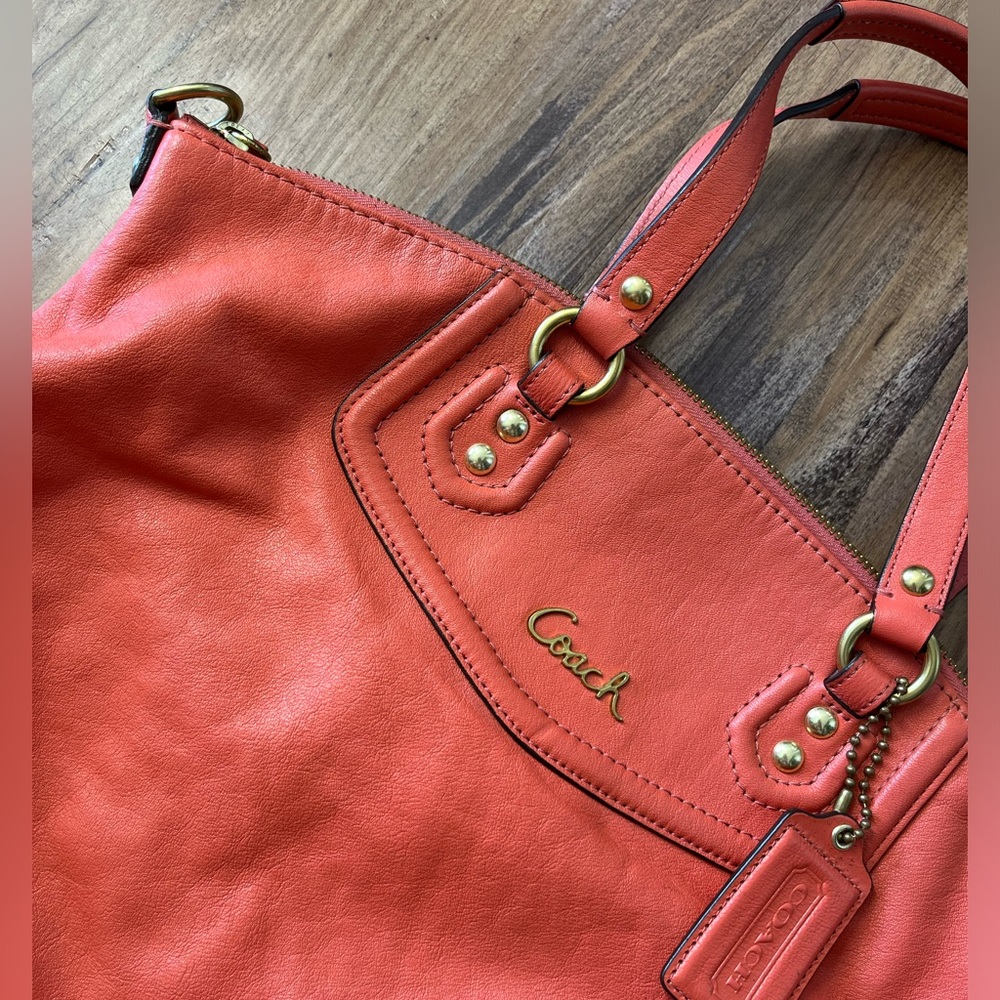 Coach Coral Pink Leather Tote Hobo Bag Large Purse - Picture 2 of 10